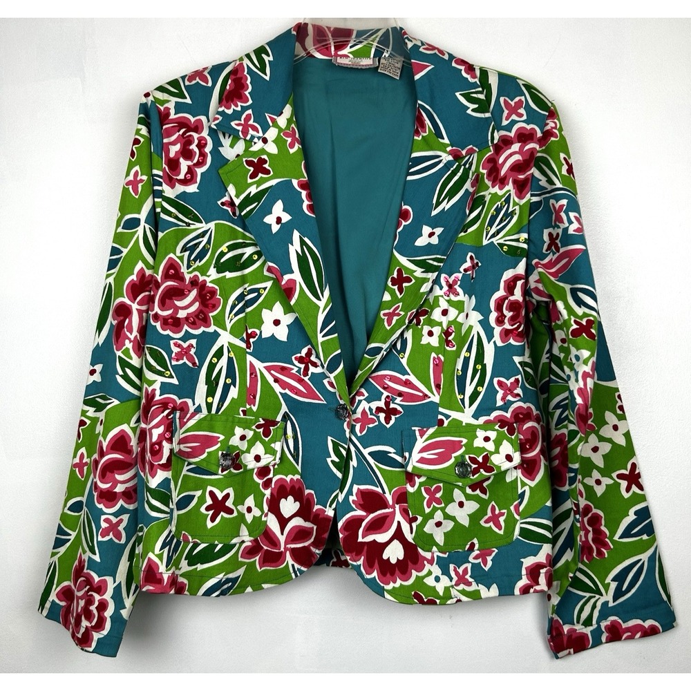Floral Statement Blazer Womens XL Jacket Art To Wear Tropical Bling Old Money